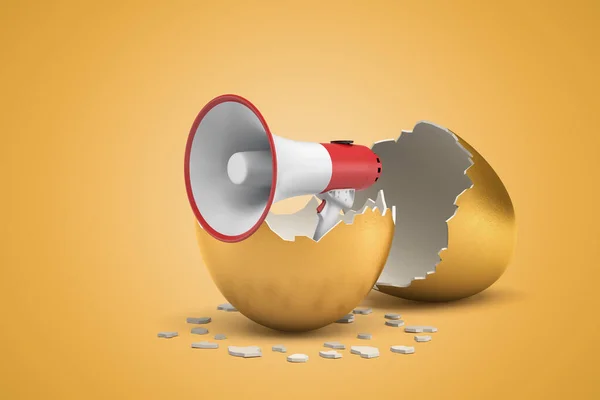 3d renderização de branco megafone vermelho eclodindo de ovo dourado no fundo amarelo — Fotografia de Stock