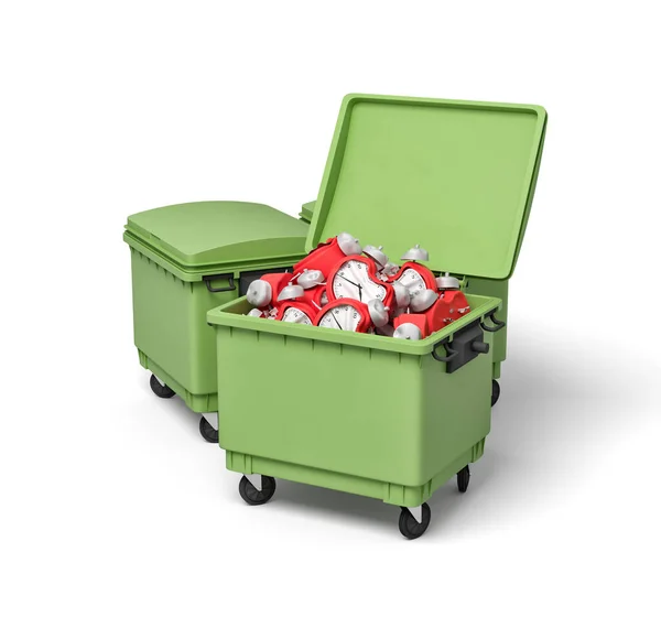3d rendering van twee groene vuilnisbakken, voorkant kan openen en vol met gebroken en gebogen rode wekkers. — Stockfoto