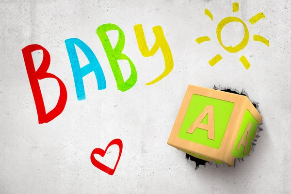 3d rendering of colorful alphabet toy block breaking white wall with Baby sign, sun and heart drawn on white background — ストック写真