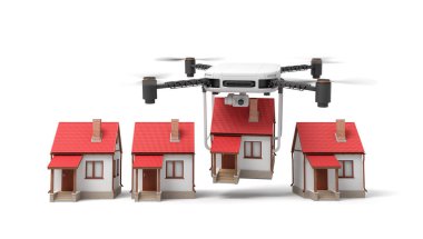 Beyaz arka planda kırmızı çatıları olan küçük evleri taşıyan beyaz dronun 3D görüntüsü
