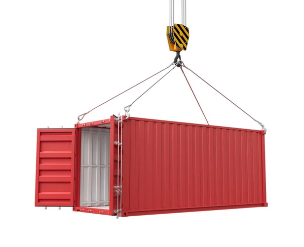 3d rendering of crane lifting open empty red shipping container isolated on white background — Stock Photo, Image