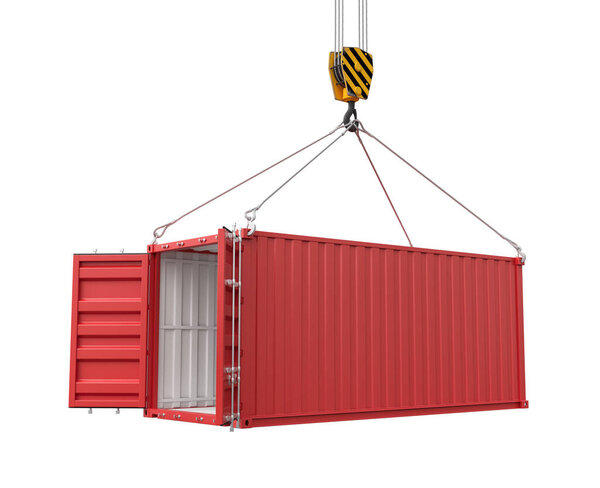 3d rendering of crane lifting open empty red shipping container isolated on white background