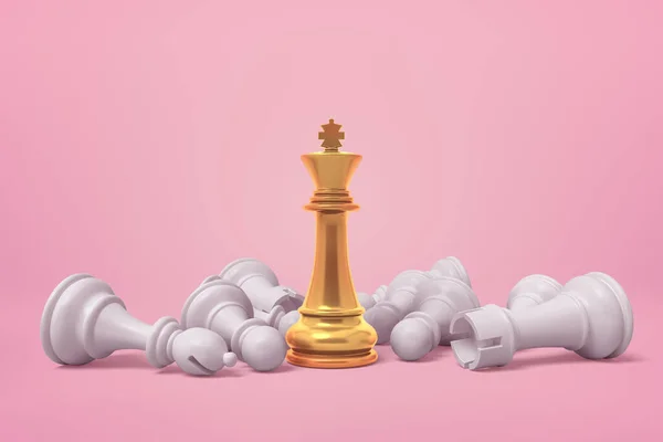 3d візуалізація білих шахових фігур, що лежать навколо золотого короля шахів на рожевому фоні — стокове фото