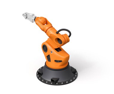 Turuncu robotik kolun beyaz arkaplanda 3 boyutlu görüntülenmesi