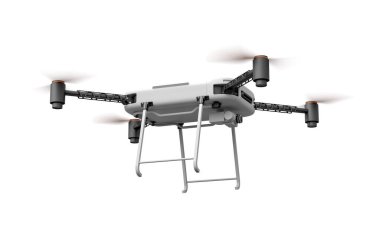 Çalışan pervaneleri beyaz arkaplanda izole edilmiş İHA 'nın 3D görüntülemesi