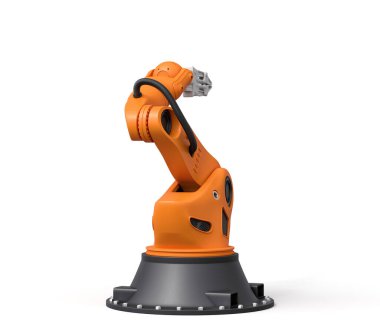 Turuncu robotik kolun beyaz arka planda duran gri kavrama aleti..