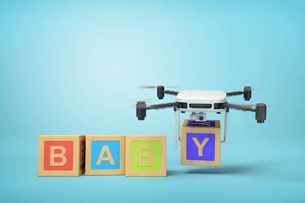 3D-återgivning av fyra färgglada ABC block bildar ordet BABY, kamera drönare sätta sista bokstaven Y i slutet av ordet, på ljusblå bakgrund. — Stockfoto