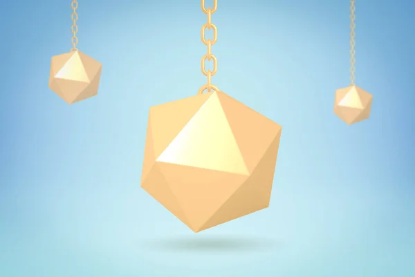 3d rendering of three chained golden polygon models on blue background — Stock Photo, Image