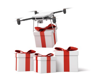 Beyaz hediye dağıtan kameralı İHA 'nın üç boyutlu görüntüsü. Beyaz arka planda duran diğer üç hediyenin üzerine kırmızı kurdele bağlanmış..