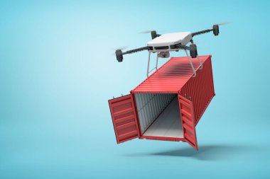 İHA kaldırma 3D görüntüleme mavi arka planda kırmızı nakliye konteynırı açıldı