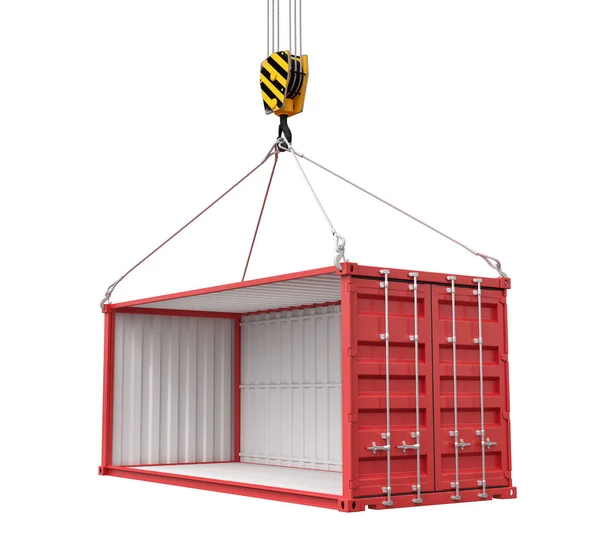 3d rendering of crane lifting empty red shipping container isolated on white background — Stock Photo, Image