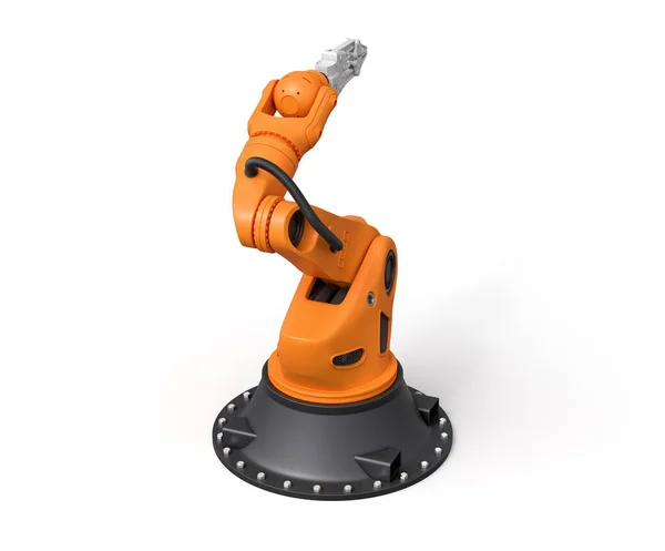 3D-återgivning av orange robotic arm med grå gripdon står på vit bakgrund. — Stockfoto