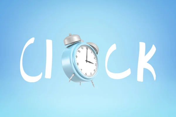 3d renderowanie znaku CLOCK z niebieskim budzikiem zamiast O na niebieskim tle — Zdjęcie stockowe