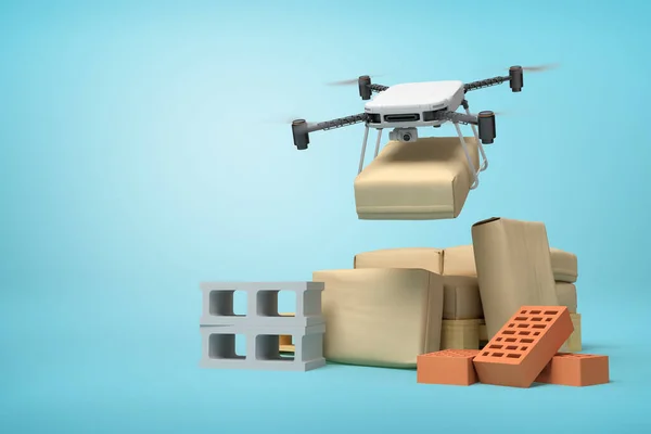 3d rendering of drone putting paper parcel on pile of other parcels and hollow and perforated bricks on light blue background with a little copy space.