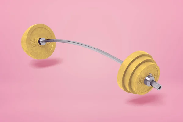 3d renderelés sárga fém tréning bar-bell rózsaszín alapon — Stock Fotó