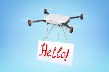 Quadcopter 'in beyaz tabela taşıyan 3D görüntülemesi açık mavi arkaplanda 