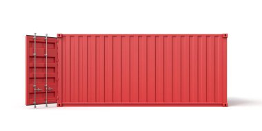 Beyaz arkaplanda beyaz iç kısımları izole edilmiş boş kırmızı mavna konteynırının 3d görüntülenmesi.
