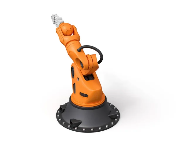 흰색 배경 위에 서 있는 회색 리퍼가 달린 주황색 로봇 팔 의 3D 렌더링. — 스톡 사진