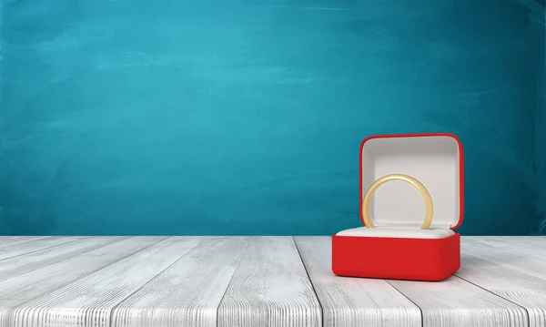 白色木地板和深蓝色背景红盒内订婚戒指3D渲染 — 图库照片