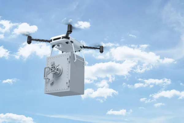 3D-återgivning av kamera drönare som bär tunga ljusgrå pengar säker i blå kopia utrymme himmel med vita moln. — Stockfoto