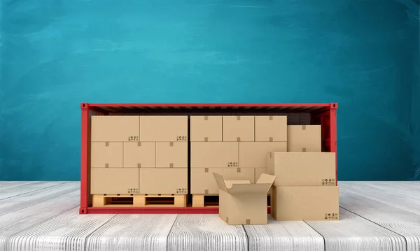 3d rendering of red shipping container filled with cardboard boxes on white wooden floor and dark turquoise background. — Stock Photo, Image