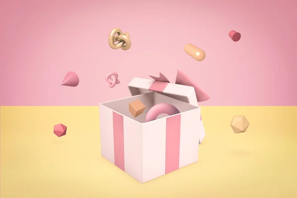 3D renderização de diferentes objetos geométricos voando para fora da caixa de presente branca em pastel de cor dupla rosa e fundo amarelo . — Fotografia de Stock