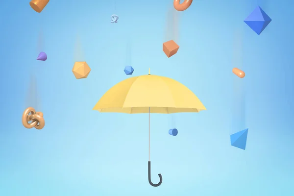 Representación 3d de paraguas amarillo bajo la lluvia de diferentes objetos geométricos sobre fondo azul claro . — Foto de Stock