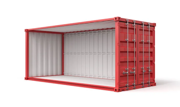 3D renderização da vista lateral do recipiente de transporte vermelho vazio aberto isolado no fundo branco — Fotografia de Stock