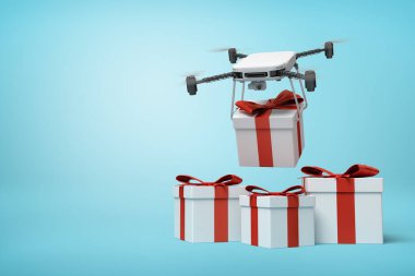 Dron 'un 3D görüntüsü. Kamera beyaz hediye veriyor. Üzerinde kırmızı kurdele var..