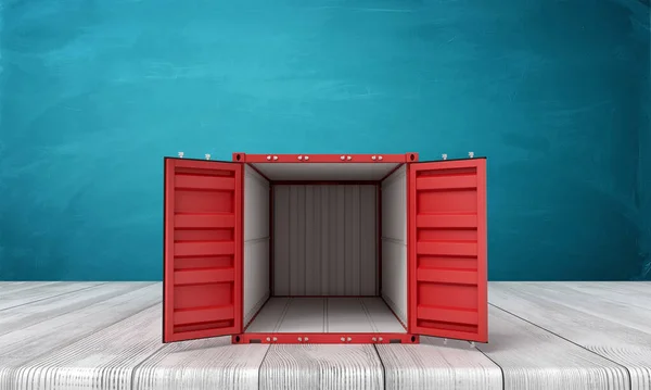 3d front rendering of an open miniature red shipping container standing on wooden table near blue school board. — Stock Photo, Image