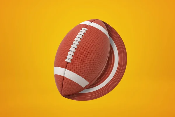 3d weergave van bruine ovale bal voor Amerikaanse voetbal die penseel spoor van dezelfde kleur op amberkleurige achtergrond achtergelaten. — Stockfoto