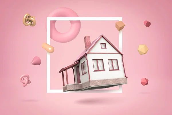 3d renderowania białego prywatnego domu z losowych rzeczy na różowym tle Zdjęcia Stockowe bez tantiem