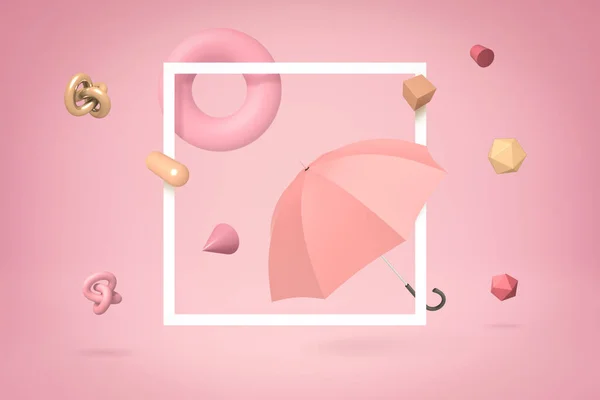 3D-återgivning av rosa paraply med slumpmässiga geometriska objekt på rosa bakgrund Stockbild