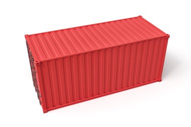 Beyaz zemin üzerinde kapalı kırmızı kargo konteynırının 3D görüntülenmesi.