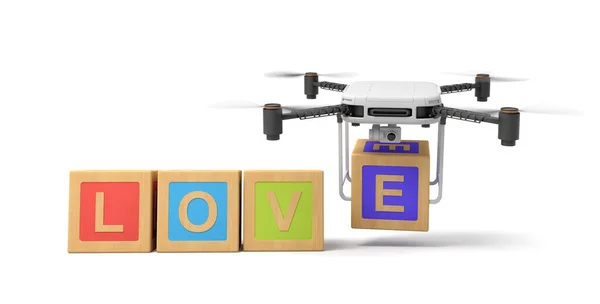 3D vykreslování slova LOVE psaného s ABC bloky, a fotoaparát dron uvedení finále E na konci. Royalty Free Stock Fotografie