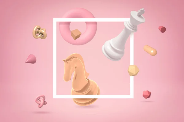 3D renderização de rei de xadrez branco e cavaleiro de xadrez dourado com objetos aleatórios em fundo rosa Imagens Royalty-Free