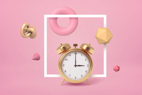 3d representación de reloj despertador de oro de pie, resaltado con marco blanco cuadrado, sobre fondo rosa pastel, con diferentes objetos geométricos flotando alrededor . —  Fotos de Stock