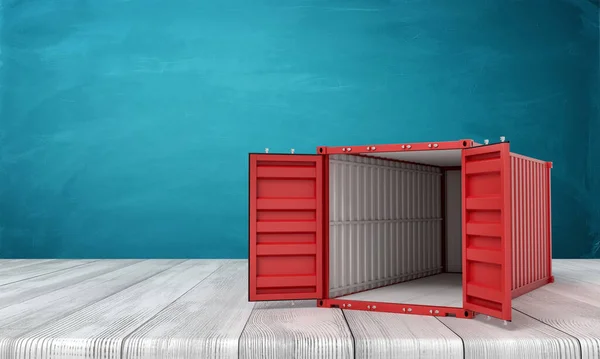 3D renderização de recipiente de transporte vermelho vazio aberto no chão de madeira branco e fundo azul-turquesa escuro Imagem De Stock