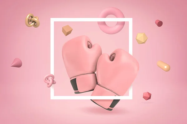 Rendering 3d di guanti da boxe rosa con oggetti casuali su sfondo rosa Immagini Stock Royalty Free