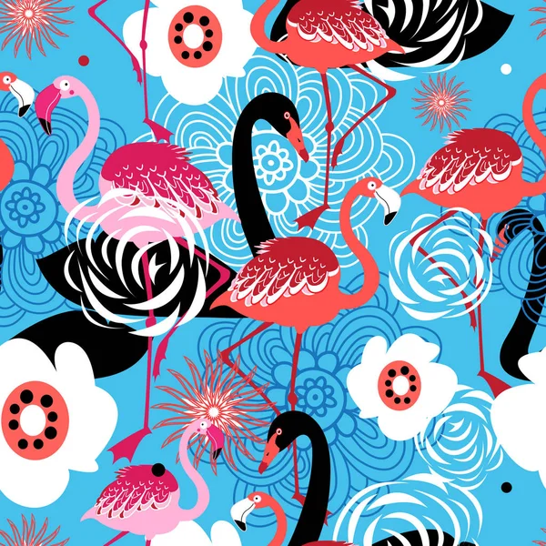 蓝色背景上火烈鸟和天鹅的明亮花卉图案 — 图库矢量图片