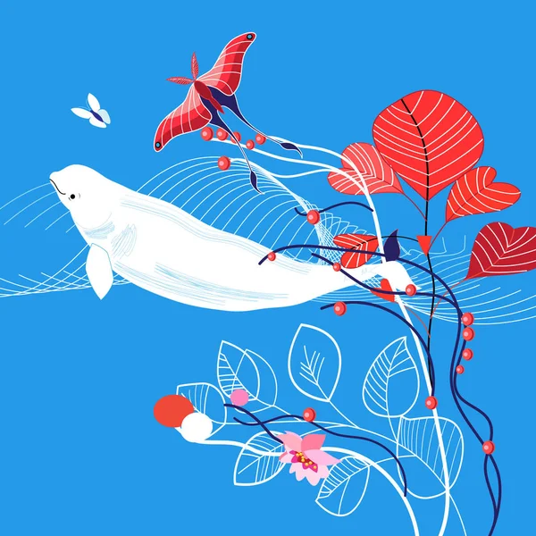 Vector Marine Illustration Whale Midst Plants — Stock Vector