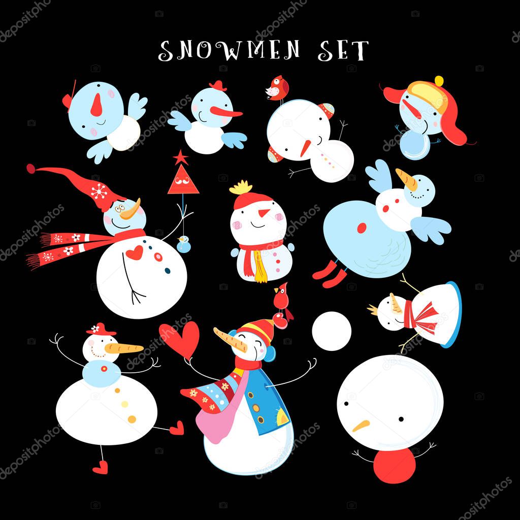Vector New Year's winter set of different snowmen on a dark background. An example of design for business cards.
