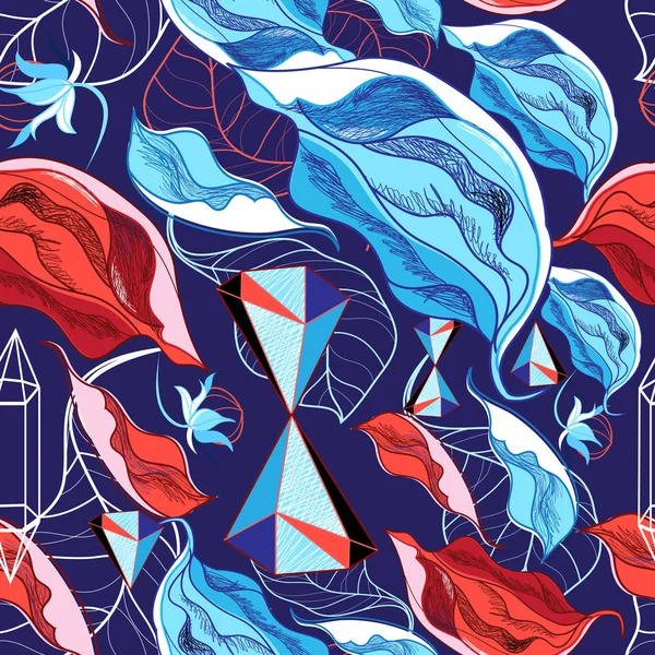 Бесшовный Цветочный Узор Листьями Геометрией Синем Фоне — стоковый вектор