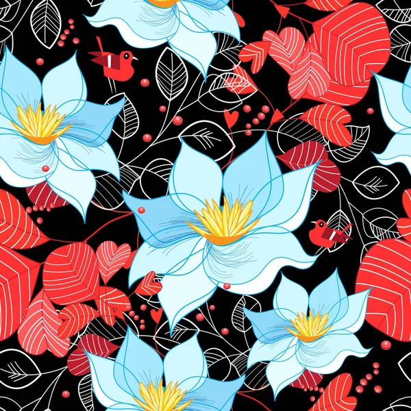 Seamless Bright Pattern Flowers Leaves Dark Background — Stock Vector