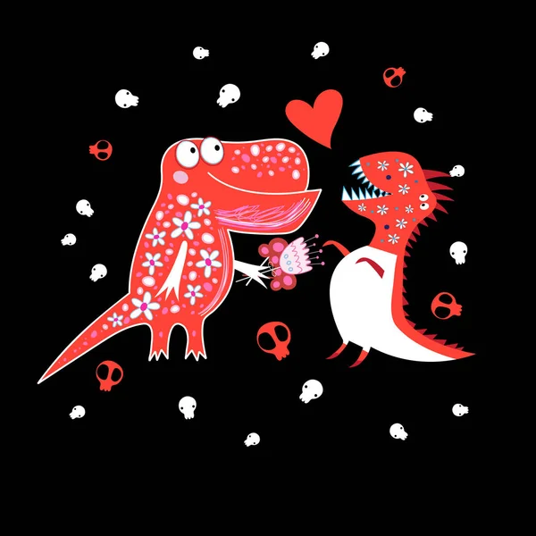 Εορταστική Κάρτα Ερωτευμένος Δεινόσαυροι Σκούρο Φόντο — Διανυσματικό Αρχείο