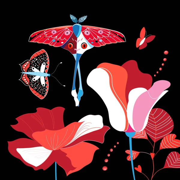 Illustration Fleurs Papillons Aux Couleurs Vives Sur Fond Sombre — Image vectorielle