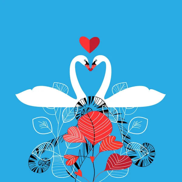 蓝色背景下迷恋白色天鹅的插图 — 图库矢量图片