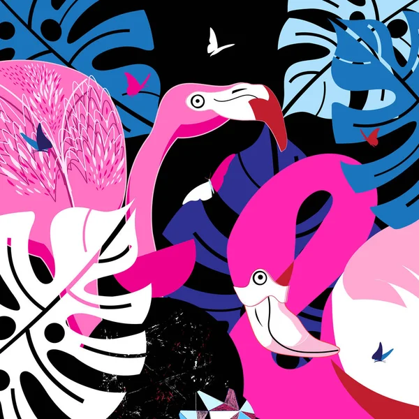 Kelebekler Ile Tropikal Ormanda Pembe Flamingolar — Stok Vektör