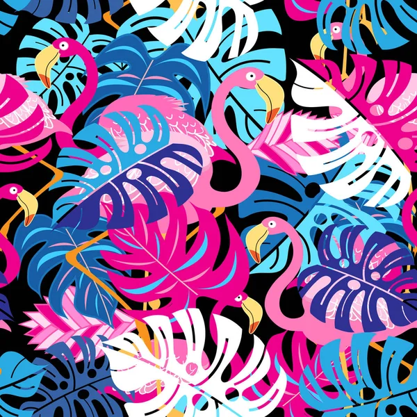 ピンクのフラミンゴと青色の背景に葉の美しい明るい熱帯パターン — ストックベクタ