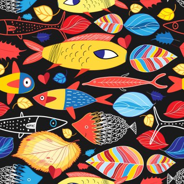 Balık ve bitki örtüsü seamless çok renkli sonbahar modeli. Örnek web afiş tasarımı için.